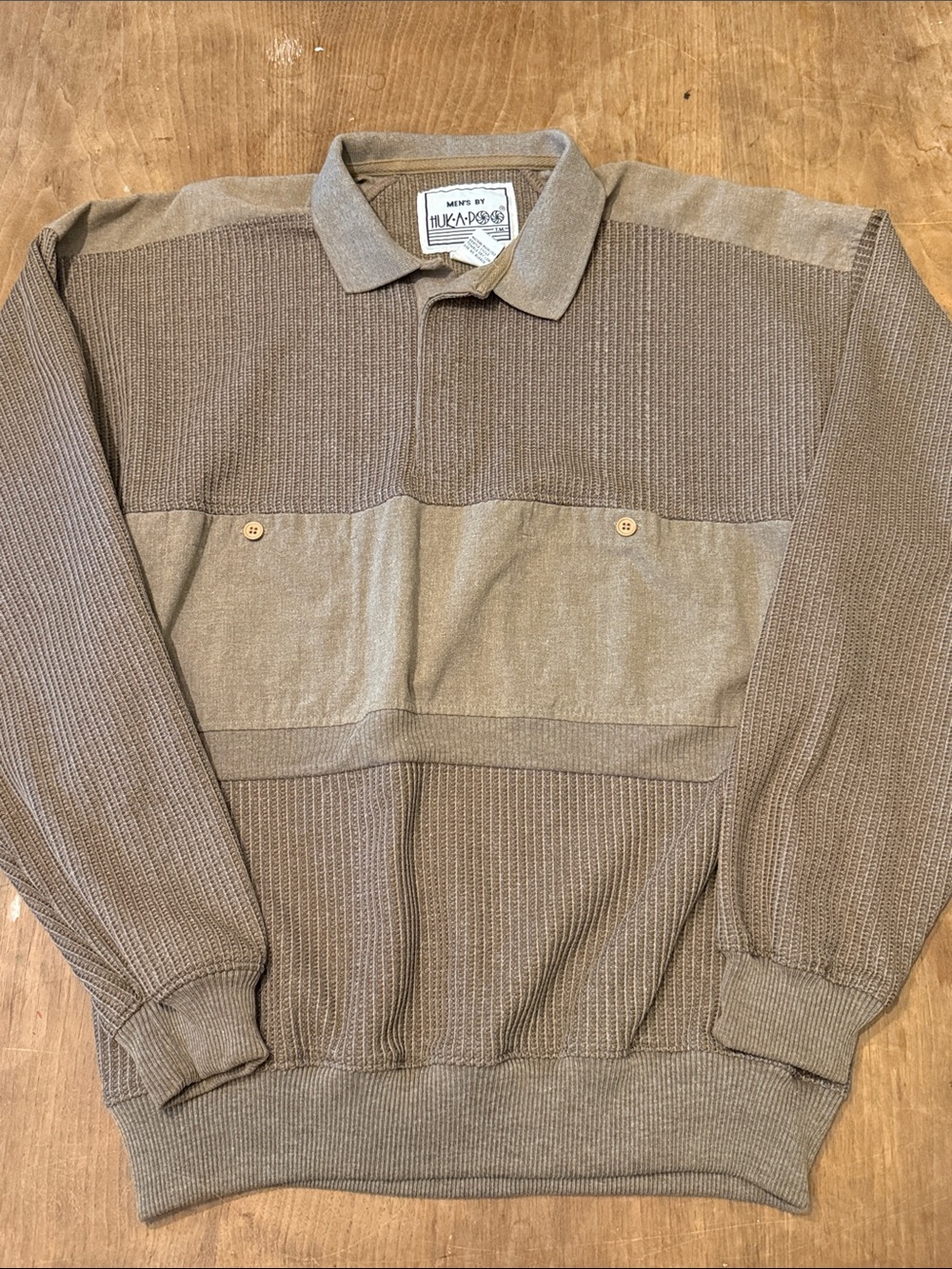 Vintage L 80s 90s Brown Ribbed Crewneck Polo Sweater Dad Grandpa Casual